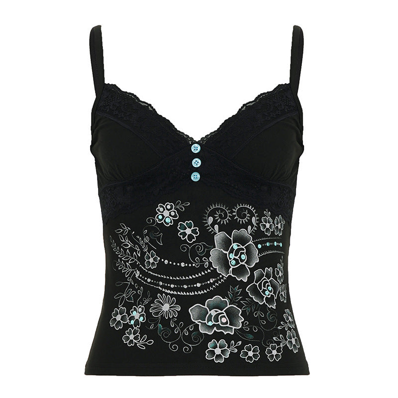 Damen Spitzentop mit floralem Design und dekorativen Knöpfen R&B