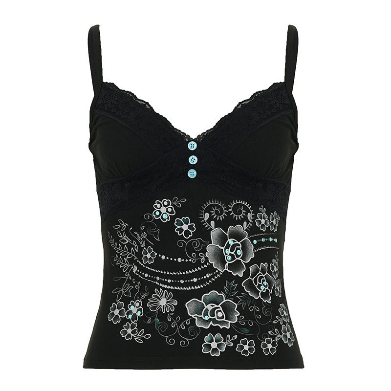 Damen Spitzentop mit floralem Design und dekorativen Knöpfen R&B