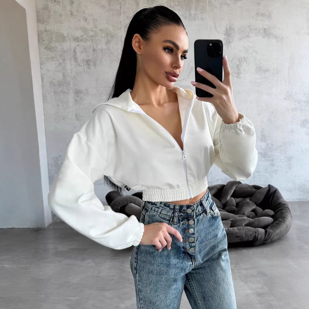 Damen lässiger Cropped Hoodie mit praktischem Reißverschluss und elastischem Bund R&B