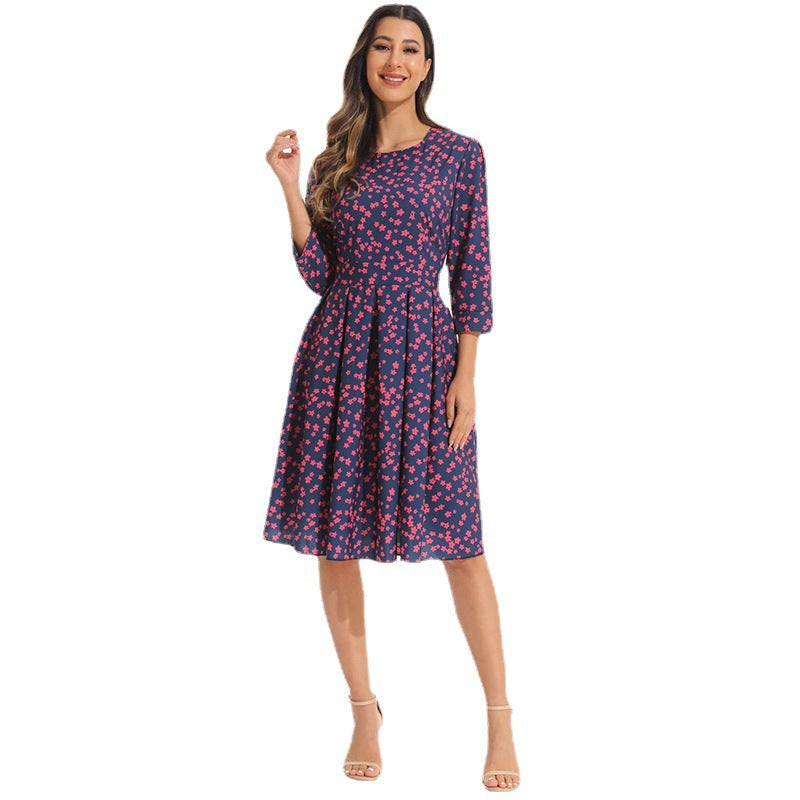 Damen elegantes Midikleid mit floralem Muster und schwingendem Rock R&B