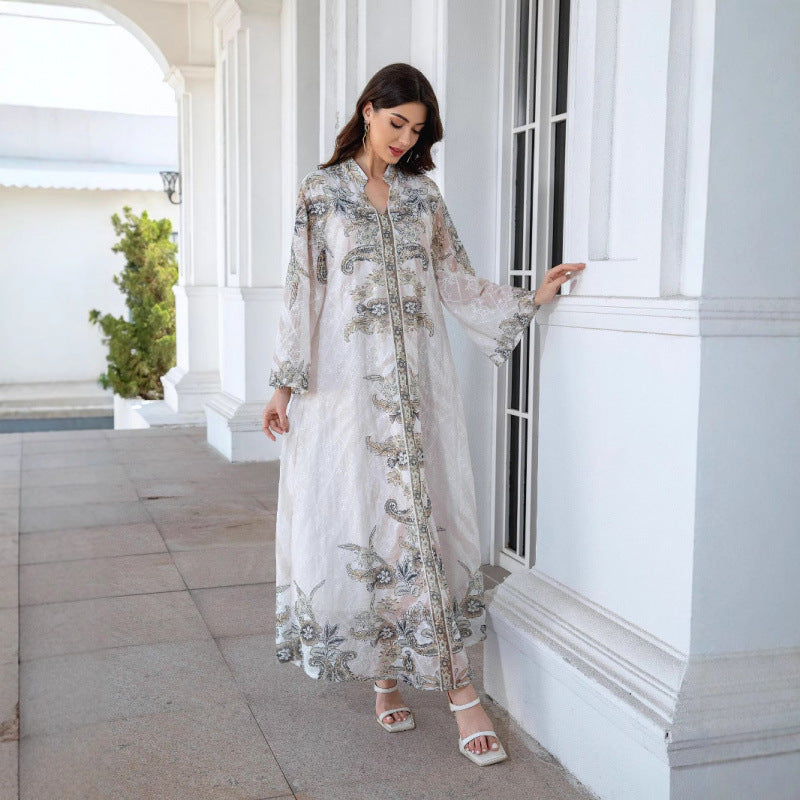 Damen Elegante Kaftan mit floralem Design und transparenten Ärmeln R&B