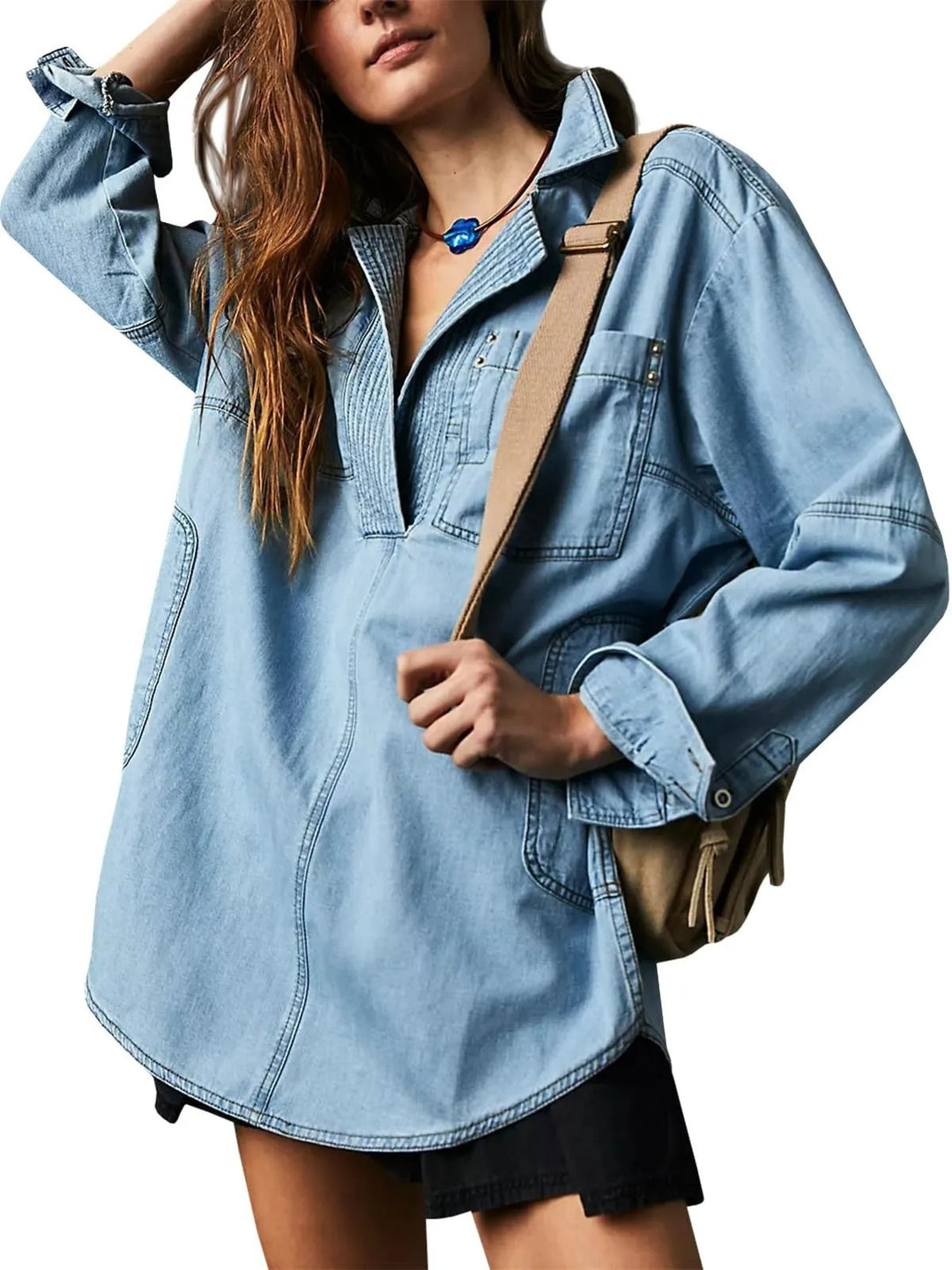 Damen Denim-Shirt mit detailreicher Steppung und lässigem Schnitt R&B