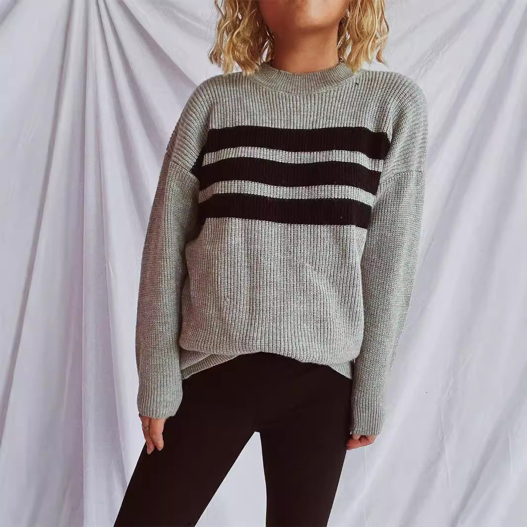 Damen lässiger Strickpullover mit modischen Streifen R&B
