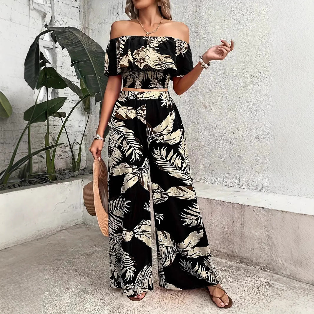 Damen Zweiteiliges Palmwedel-Outfit mit schulterfreiem Top und weitem Schnitt R&B