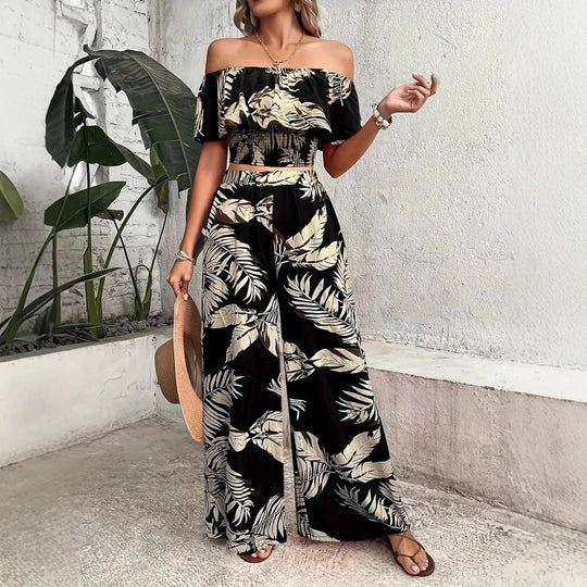 Damen Zweiteiliges Palmwedel-Outfit mit schulterfreiem Top und weitem Schnitt R&B