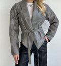 Damen modische Wildlederjacke mit tailliertem Schnitt und Bindegürtel R&B