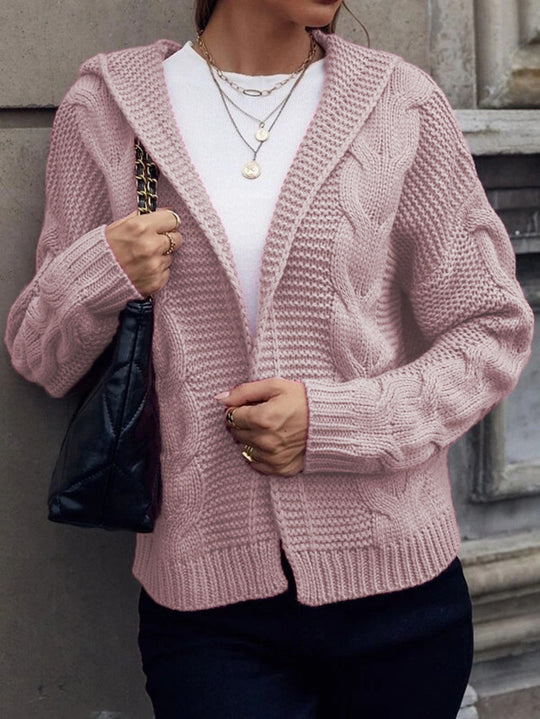 Damen Strickjacke mit Kapuze und dekorativem Kabelmuster R&B