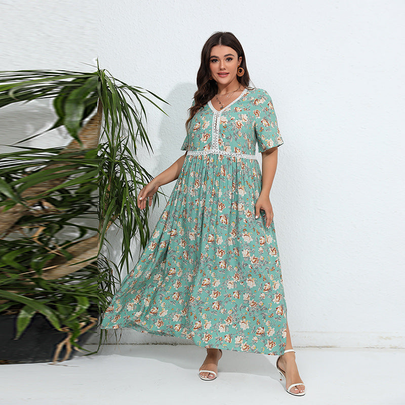 Damen Maxikleid mit floralem Design und V-Ausschnitt R&B
