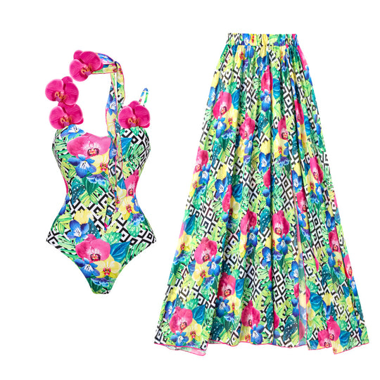 Damen Blumenmuster Badeanzug und Rock Set R&B