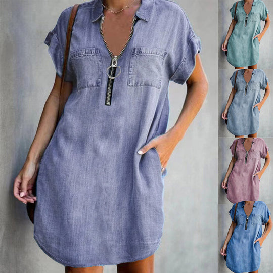 Damen Chambray Kleid mit Reißverschluss und praktischen Taschen R&B