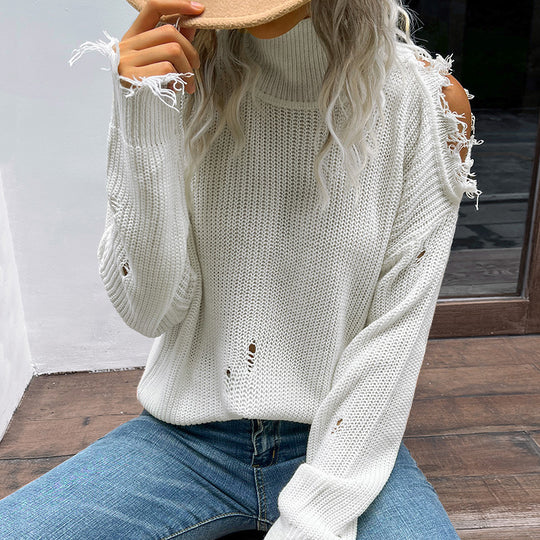 Damen lässiger Strickpullover mit lässigem Lochdesign und weiten Ärmeln R&B