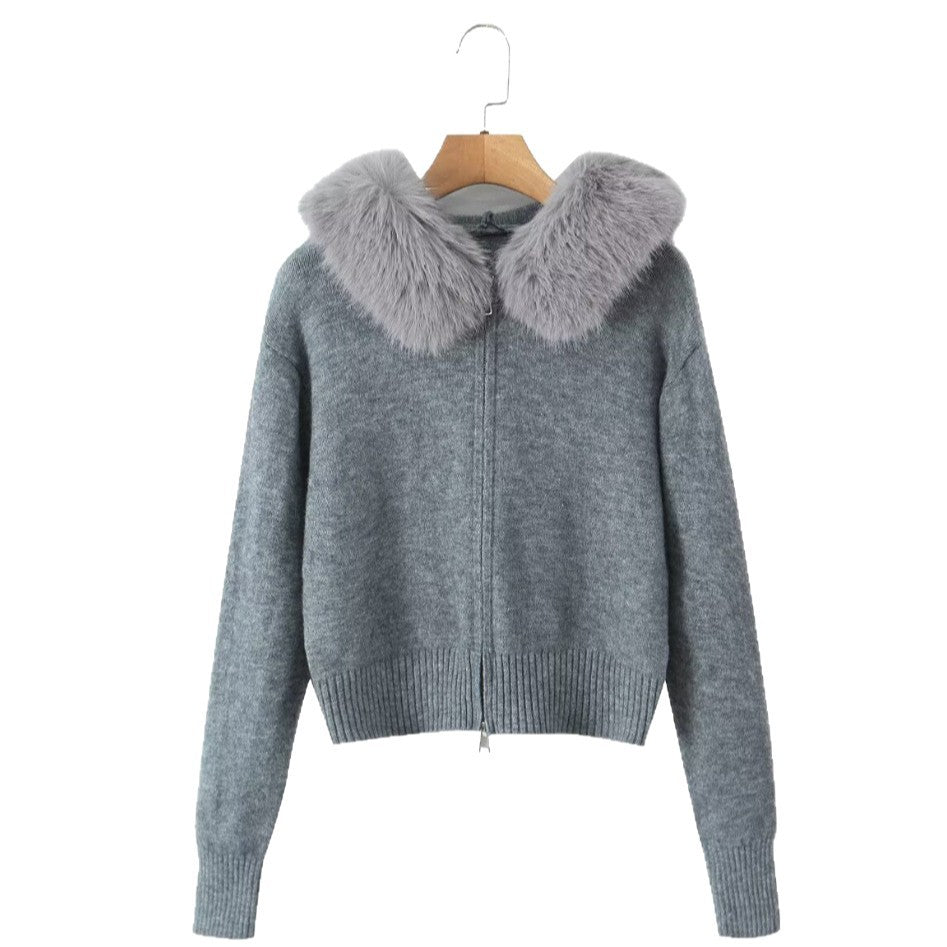 Damen Strickjacke mit luxuriösem Kunstfellkragen und Reißverschluss R&B