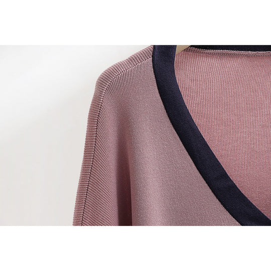 Damen elegantes Strick-Kombinationsset mit tiefem V-Ausschnitt und Kontrastdetails R&B