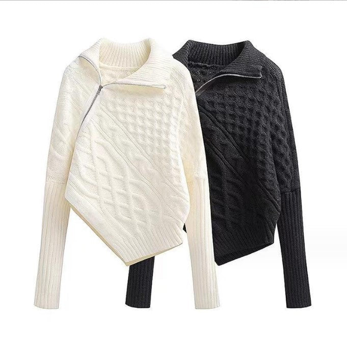 Damen hochwertiger Strickpullover mit hohem Kragen und asymmetrischem Design R&B