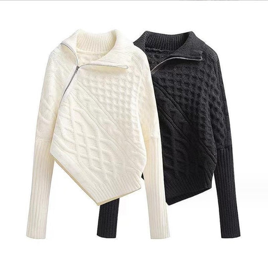 Damen hochwertiger Strickpullover mit hohem Kragen und asymmetrischem Design R&B