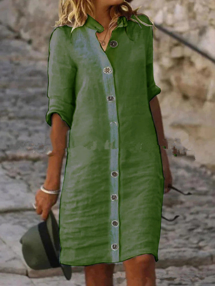 Damen Leinenhemdkleid mit Knopfleiste und umschlagbaren Ärmeln R&B
