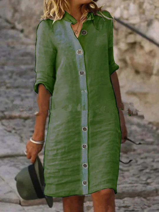 Damen Leinenhemdkleid mit Knopfleiste und umschlagbaren Ärmeln R&B