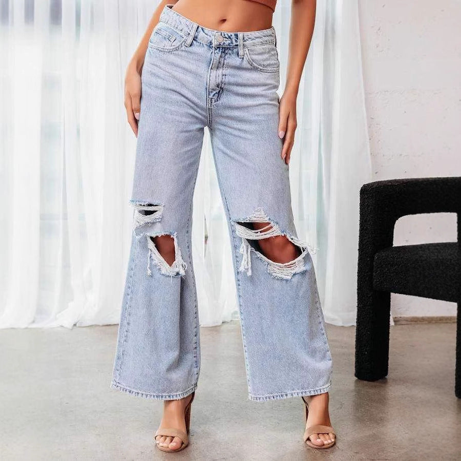 Damen Weit geschnittene Jeans mit modischen Rissen und lässigem Schnitt R&B