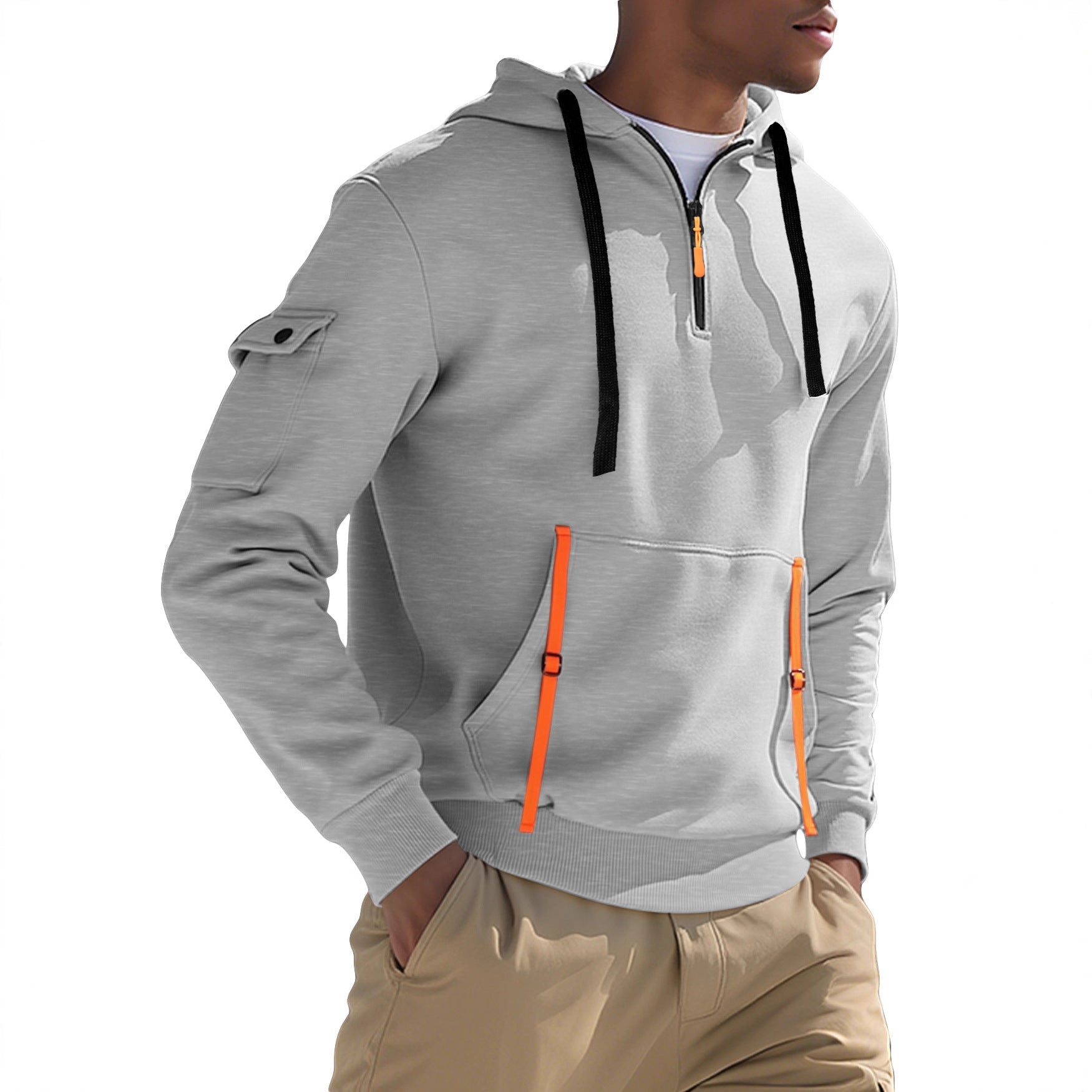 Herren nan urbaner Tech-Kapuzen-Halbzippullover mit Utility-Ärmeltasche, Kängurutasche und verstellbaren Zipper-Bändern R&B