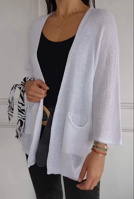 Damen lässige Strickjacke mit offener Vorderseite und praktischen Taschen R&B