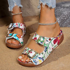 Damen komfortable Sandalen mit floralem Print und verstellbaren Riemen