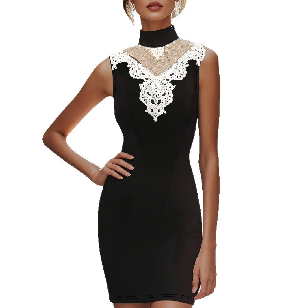 Damen Elegantes Figurbetontes Kleid mit Spitzen-Collier R&B