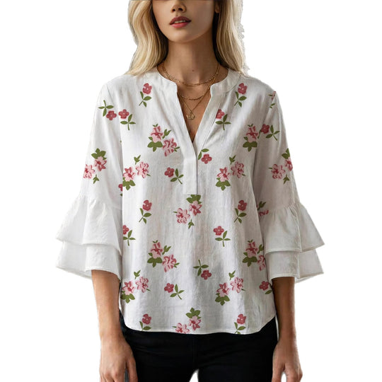 Damen Bluse mit voluminösen Rüschenärmeln und modernem Motiv R&B