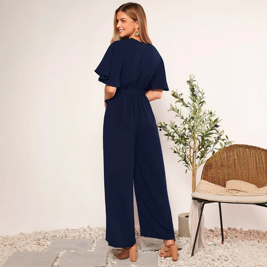 Damen eleganter Jumpsuit mit tiefem V-Ausschnitt und Poncho-Ärmeln R&B
