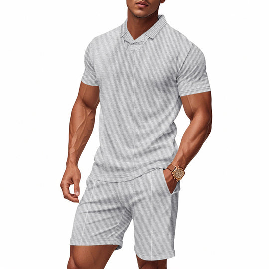 Herren nan lässiges Waffelstruktur-Freizeitset mit Reverskragen-Kurzarmshirt und elastischen Freizeitshorts R&B