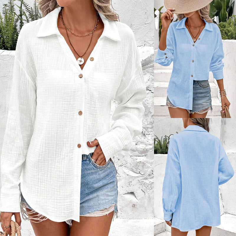Damen Knopfleisten-Blusenshirt mit modischer Taillenbindung und Langarm R&B