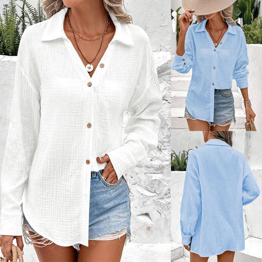 Damen Knopfleisten-Blusenshirt mit modischer Taillenbindung und Langarm R&B