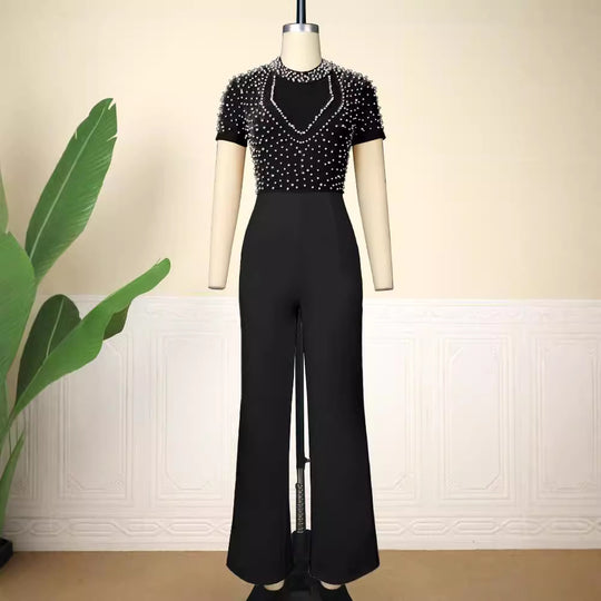 Damen eleganter Jumpsuit mit glitzernden Perlenakzenten R&B