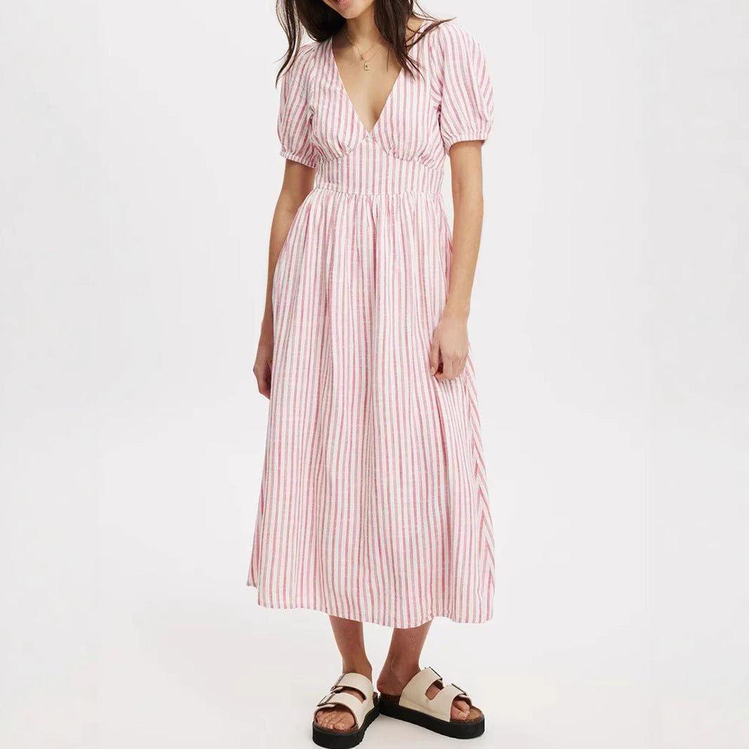 Damen Maxikleid mit V-Ausschnitt und Puffärmeln R&B