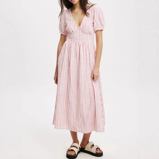 Damen Maxikleid mit V-Ausschnitt und Puffärmeln R&B