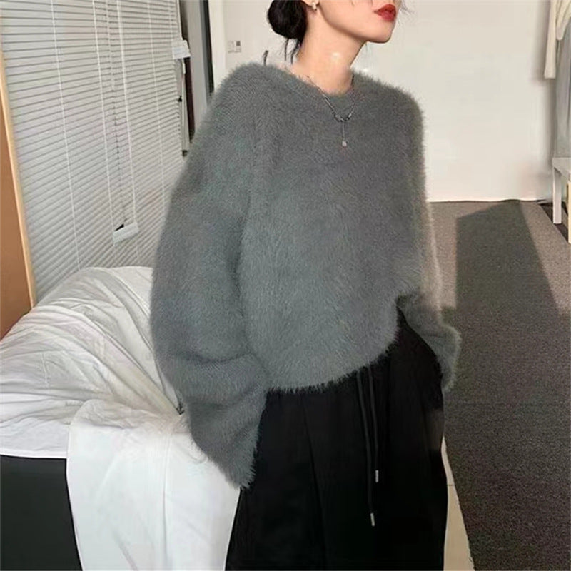 Damen Flauschiger Pullover mit lässigem Schnitt und hohem Rundhalsausschnitt R&B