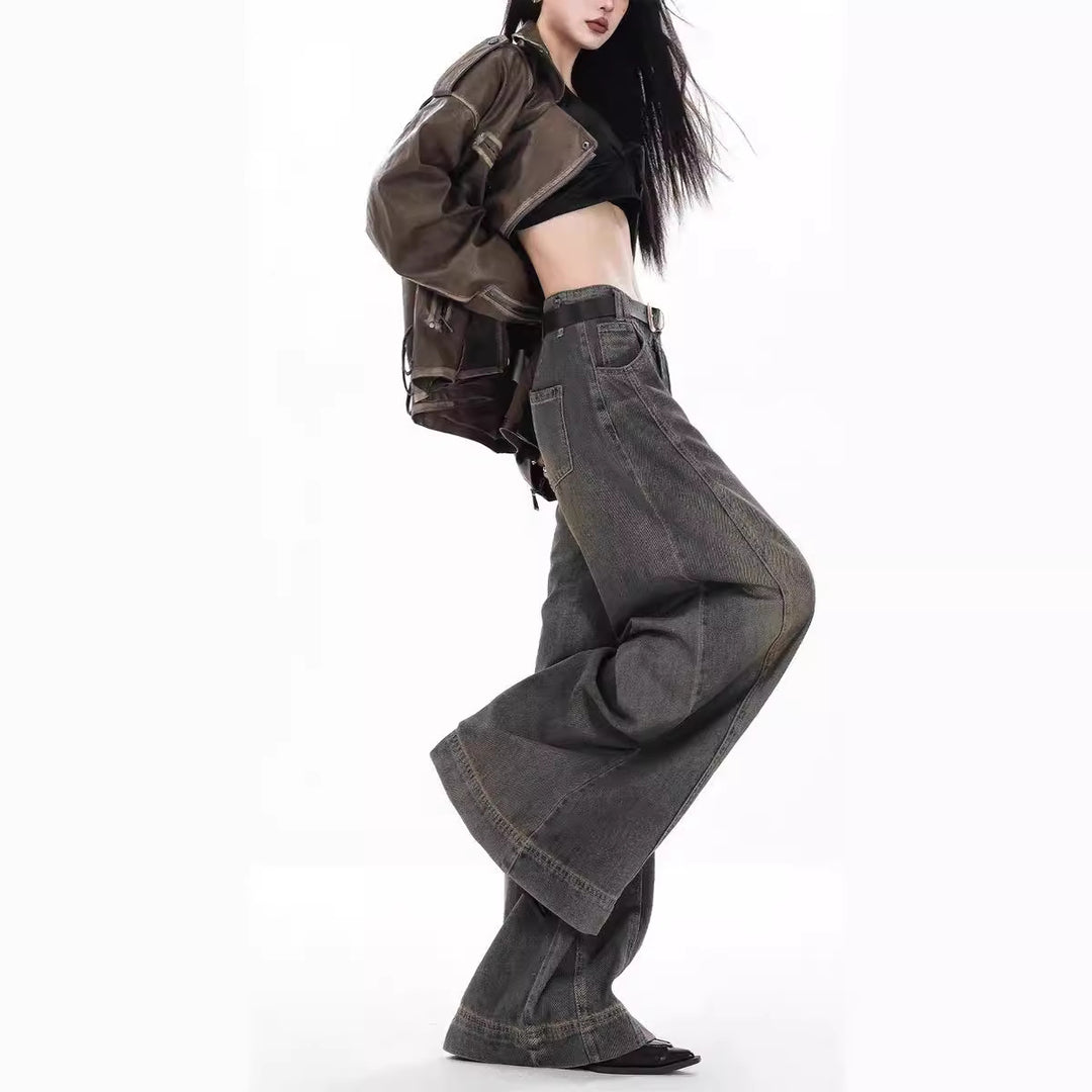 Damen Weit geschnittene High-Waist Jeans im urbanen Stil R&B