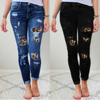 Damen Slim-Fit Jeans mit Leoparden-Detail und Distressed-Optik R&B