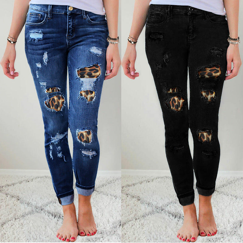 Damen Slim-Fit Jeans mit Leoparden-Detail und Distressed-Optik R&B