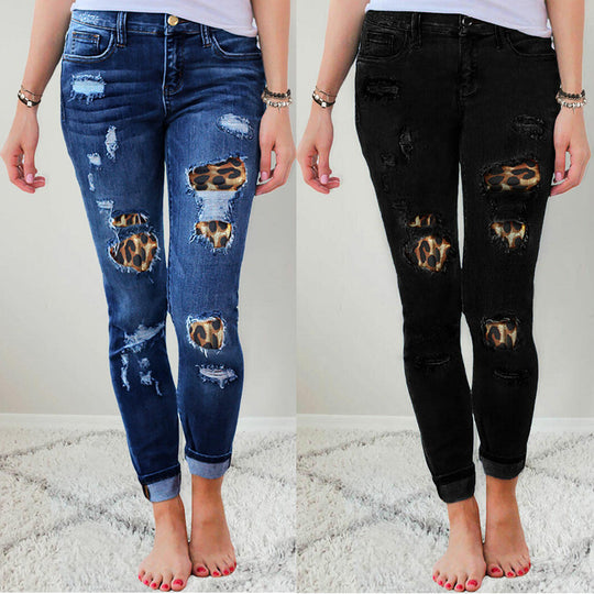 Damen Slim-Fit Jeans mit Leoparden-Detail und Distressed-Optik R&B