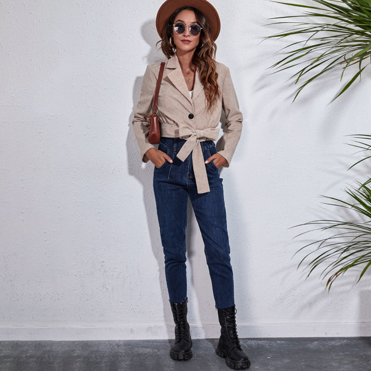 Damen Cropped Blazer mit Taillengürtel und modernem Schnitt R&B