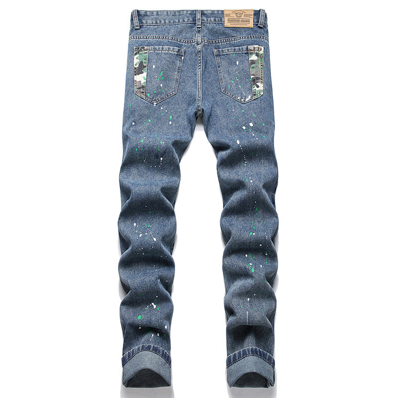 Herren Ripped Denim-Jeans mit kreativen Farbklecksen und lässigem Schnitt R&B