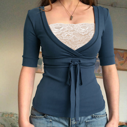 Damen Wickeloberteil mit raffinierter Frontschnürung und eleganten Ärmelabschlüssen R&B