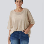 Damen lässiges Oversized T-Shirt mit seitlichen Schlitzen und umgeschlagenen Ärmeln R&B
