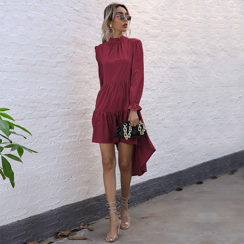 Damen elegantes, schwingendes Midi-Kleid mit Rüschen und langen Ärmeln R&B