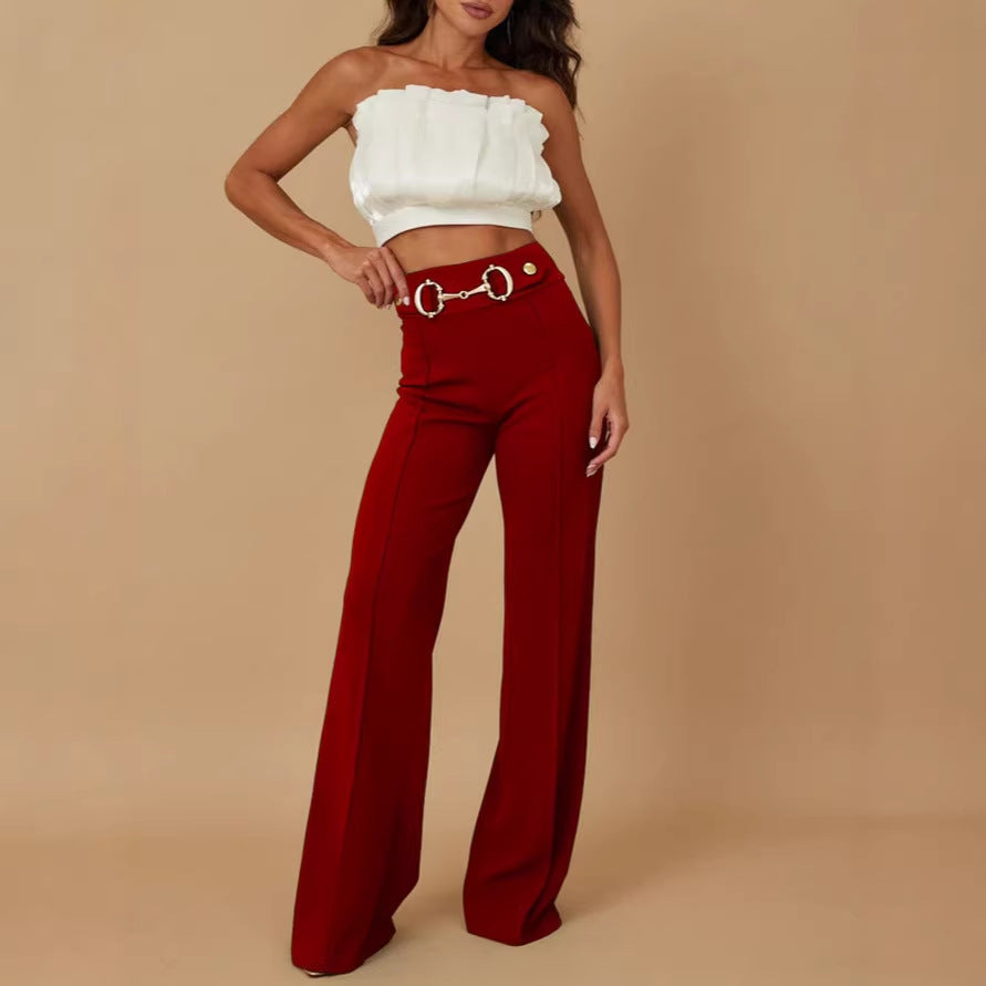 Damen weite Hochtaillenhose mit dekorativem Gürtel und eleganter Nahtführung R&B