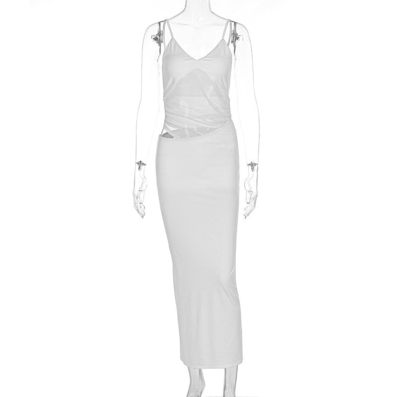 Damen elegantes bodenlanges Wickelkleid mit feinen Trägern und figurformendem Design R&B