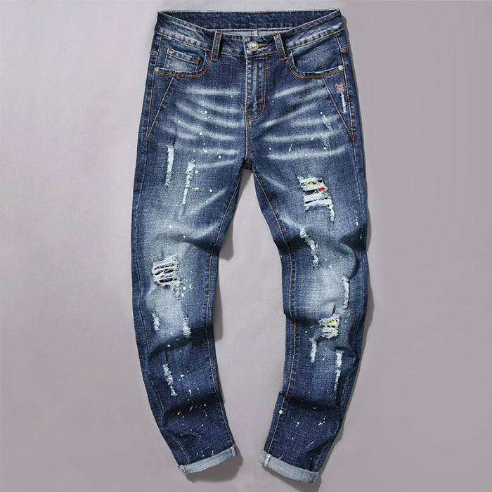 Herren modische Jeans mit kreativen Farbklecksen und Rissdesign R&B