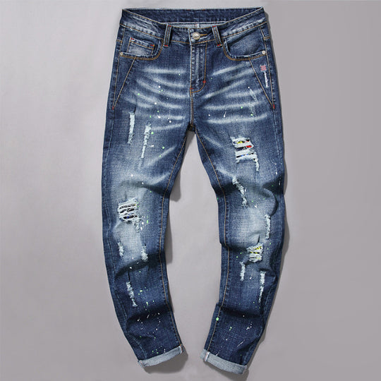 Herren modische Jeans mit kreativen Farbklecksen und Rissdesign R&B