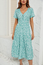 Damen Midi-Kleid mit knopflosem V-Ausschnitt und voluminösem Rock R&B