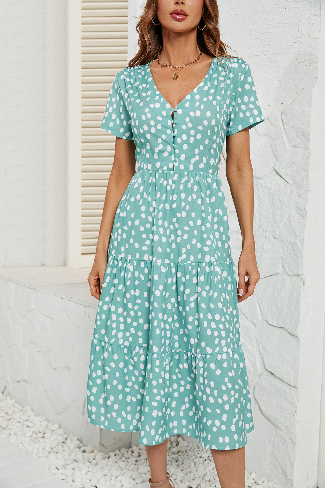 Damen Midi-Kleid mit knopflosem V-Ausschnitt und voluminösem Rock R&B